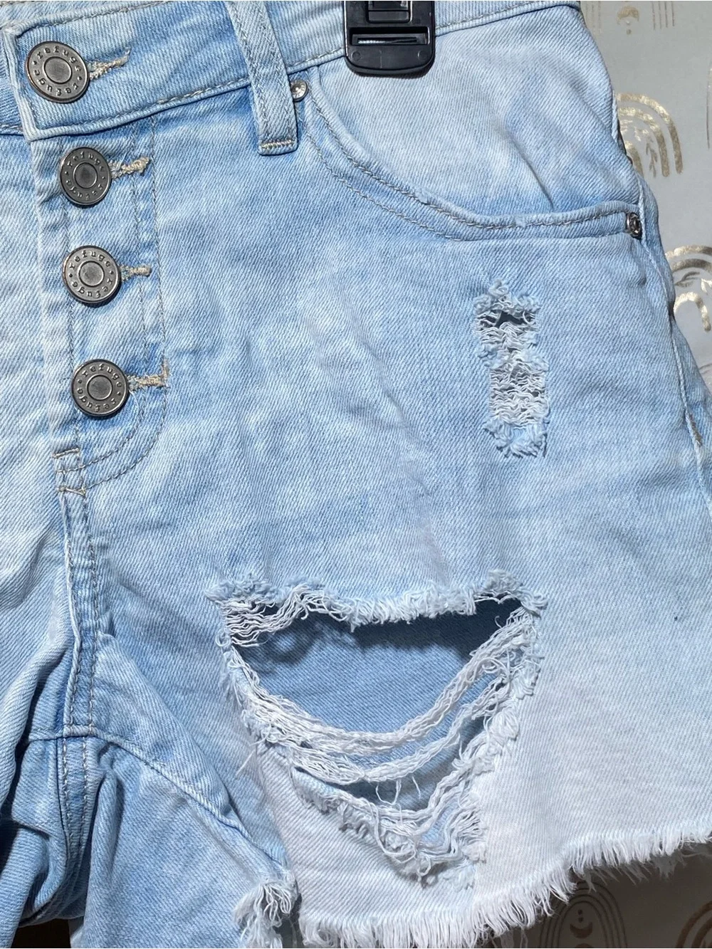 refuge Light Blue Distressed Denim Button-Fly Shorts